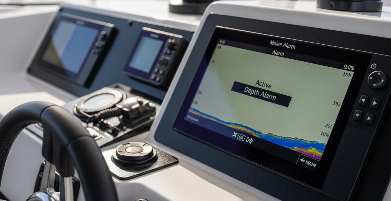 Gros plan sur un écran de sondeur moderne avec alarme de profondeur visible, sur le tableau de bord d’un catamaran