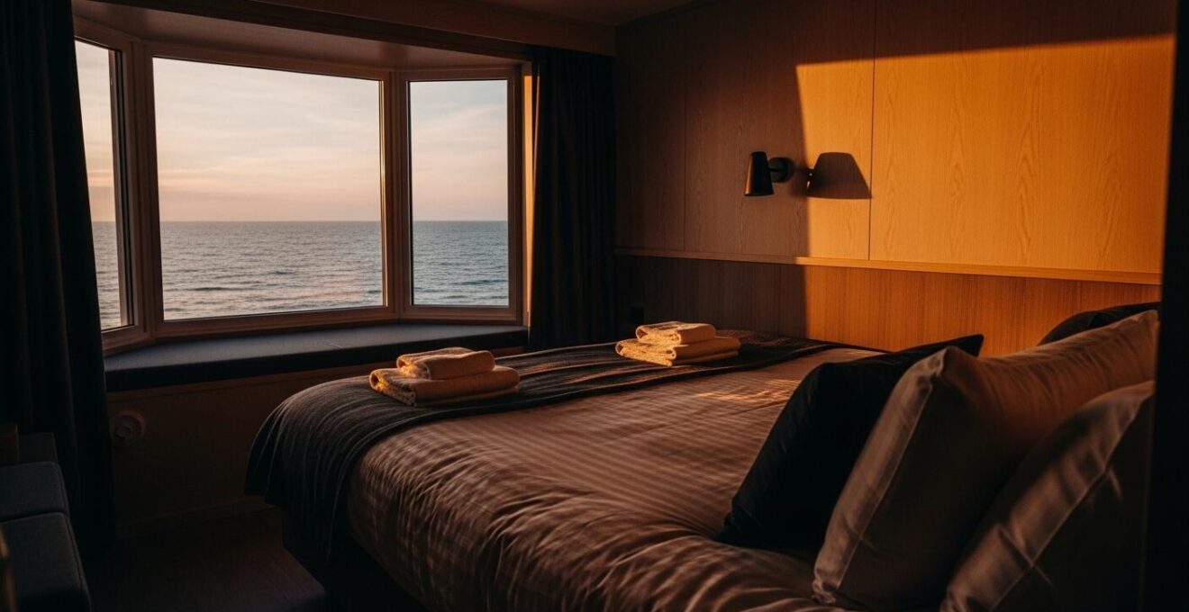 Intérieur d’un catamaran de croisière avec cabine privative élégante et vue sur mer