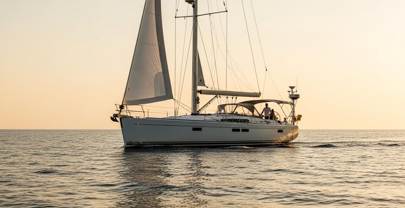 Bannière représentant une croisière personnalisée avec un voilier élégant naviguant dans une mer calme au coucher du soleil