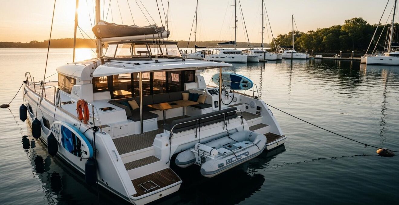 Vue d’ensemble d’un catamaran spacieux amarré dans une marina paisible au coucher du soleil