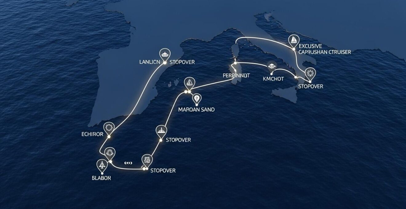 Carte stylisée d’itinéraire exclusif de croisière en catamaran, avec points d’escale sur fond maritime bleu