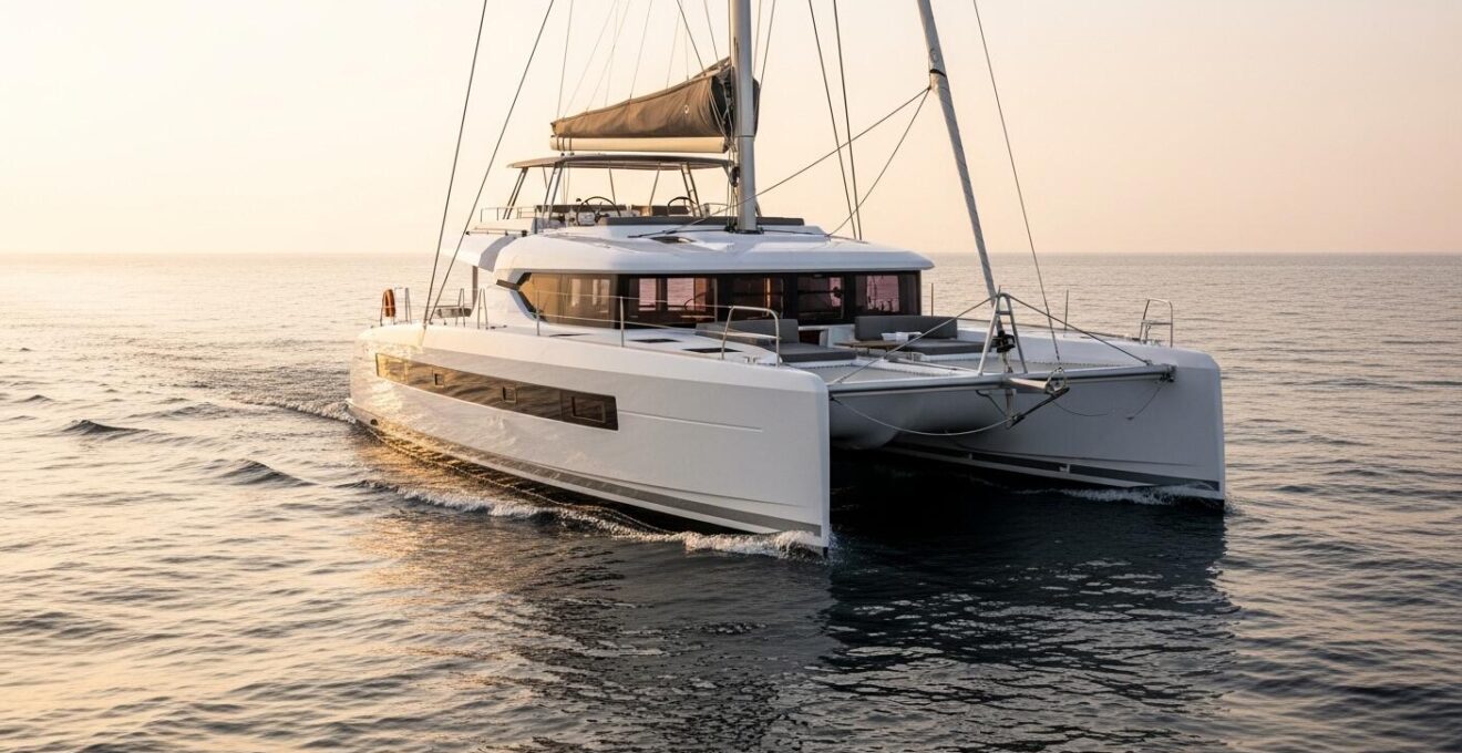 Vue panoramique d'un catamaran de croisière moderne en mer avec équipage profitant du pont et du cockpit ensoleillé