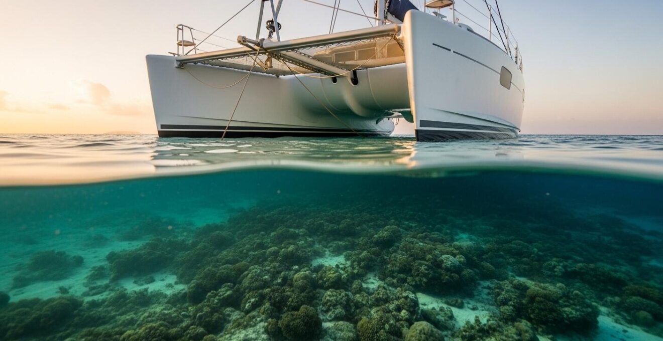 Catamaran naviguant dans une eau peu profonde près d'une côte rocheuse avec lumière chaleureuse naturelle