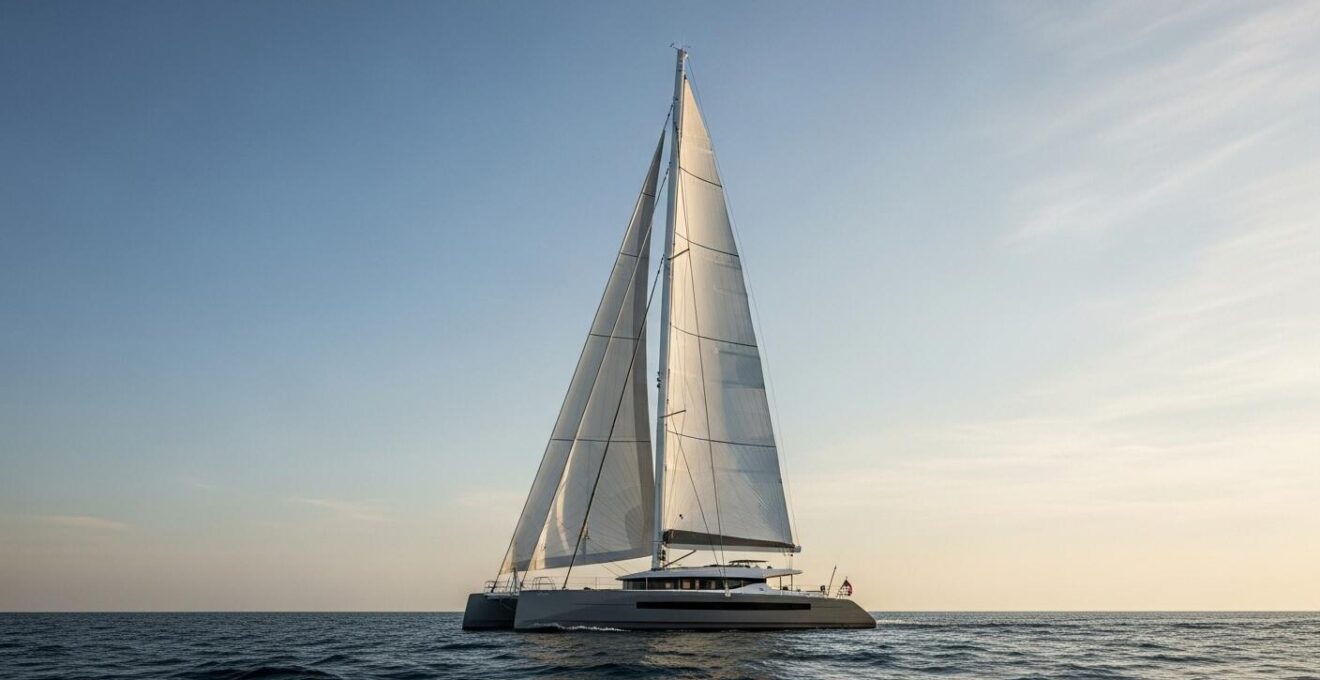Catamaran moderne à voile avec grand-mât avancé et voiles déployées dans un cadre marin lumineux