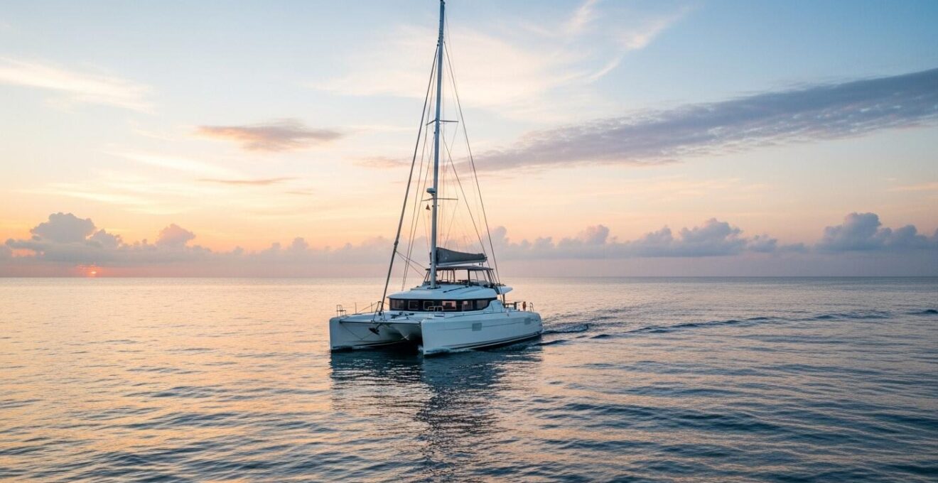 Vue réaliste d'un catamaran puissant naviguant au large sur une mer calme au lever du jour