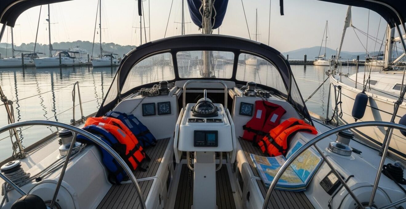 Vue environnementale d’un voilier au port avec divers équipements autour, lumière naturelle et ambiance matinale