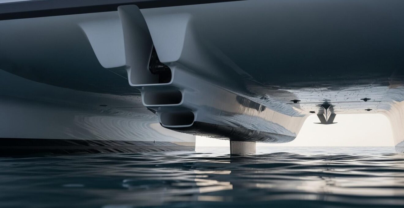 Image détaillée d'une coque de catamaran avec redans visibles et annotation non intrusive montrant le flux d'air sous la coque