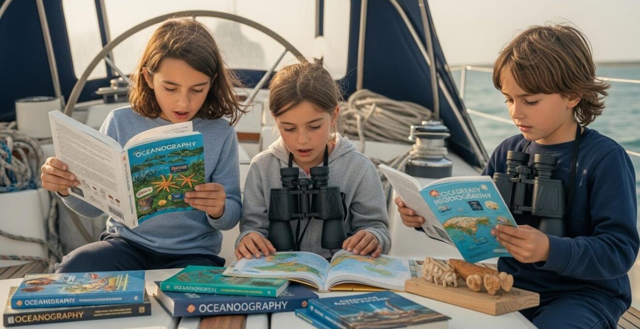 Enfants à bord d'un voilier explorant la nature marine, avec matériel pédagogique