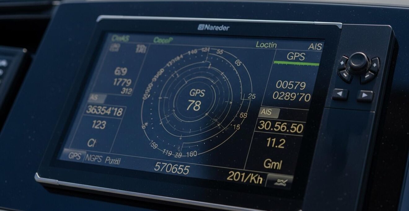 Détail macro d’un écran de navigation électronique moderne affichant des données de position GPS et AIS