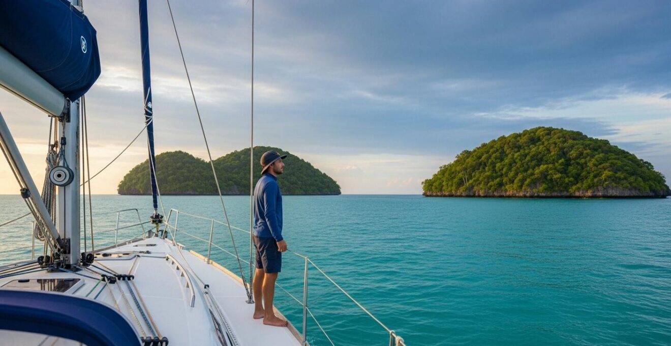 Photographie réaliste d'un navigateur solitaire dans un voilier moderne explorant un archipel exotique avec des eaux turquoise et des îles verdoyantes au coucher du soleil
