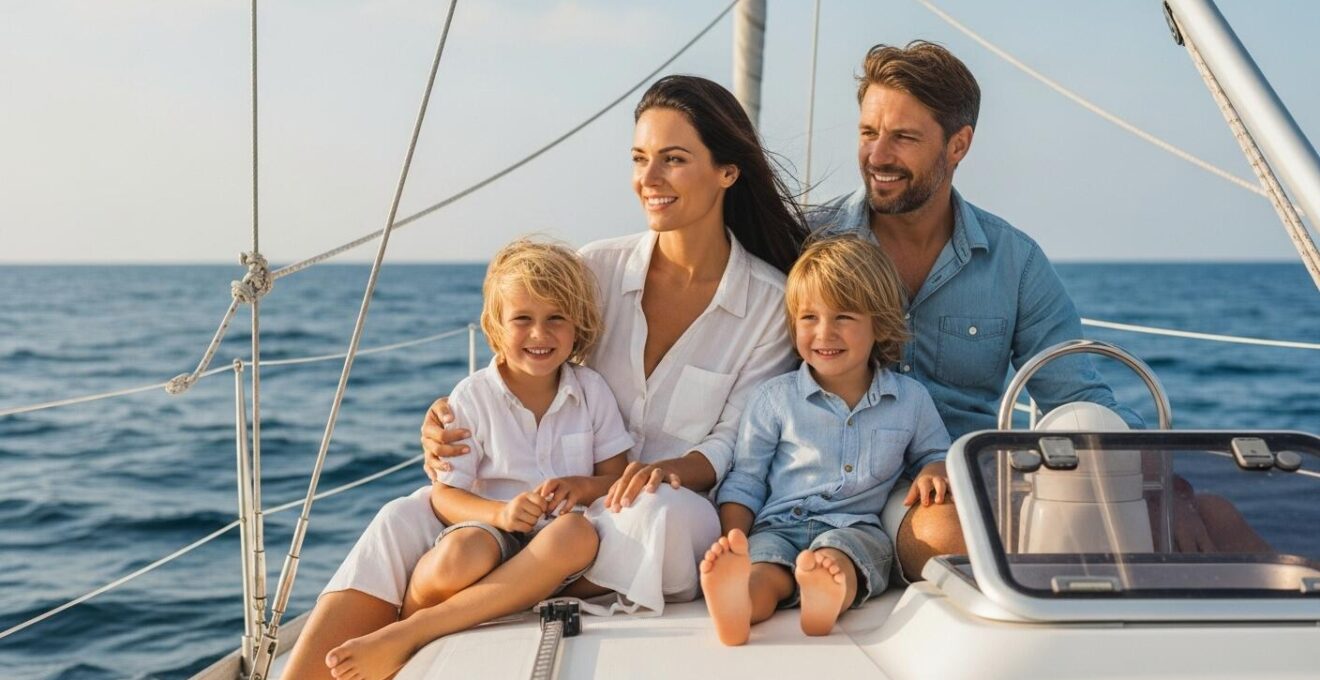 Une famille sereine sur un voilier en pleine traversée océanique, ciel bleu et mer calme