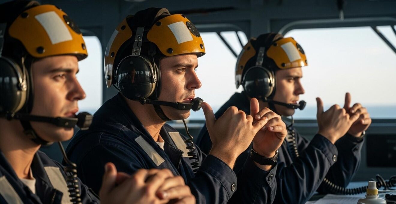 Scène humaine montrant un équipage en pleine communication calme et concentrée lors d’une situation de navigation critique