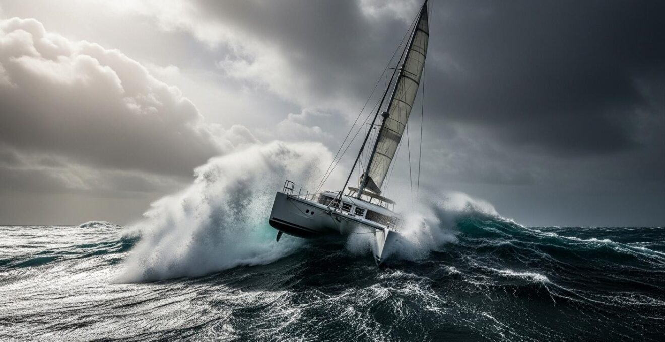 Photographie d'un catamaran en mer agitée sous un ciel orageux symbolisant le gros temps