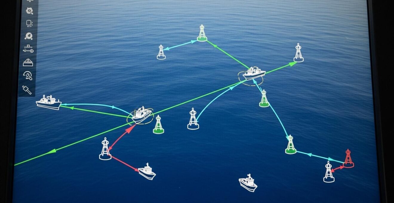 Carte électronique AIS avec icônes symbolisant des aides à la navigation virtuelles (bouées et phares) en mer