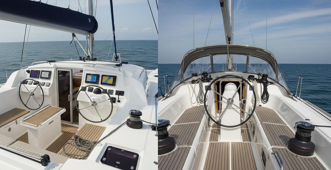 Photographie réaliste d’un poste de pilotage de catamaran et un monocoque côte à côte avec principaux contrastes visibles