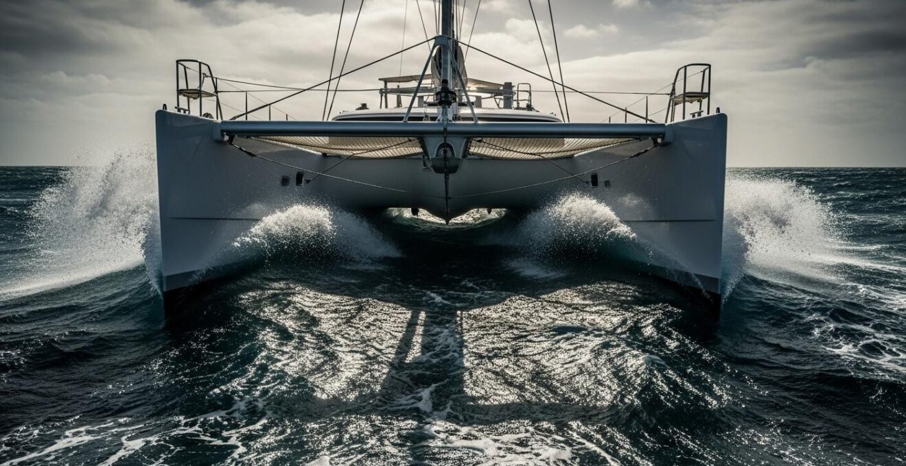 Photographie réaliste montrant un catamaran robuste naviguant par gros temps en mer agitée