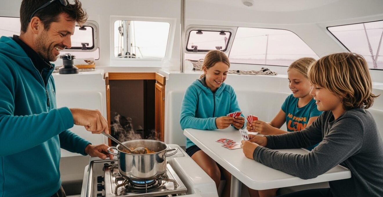 Photographie réaliste montrant un intérieur de catamaran stable avec personnes cuisinant et jouant aux cartes sans basculement