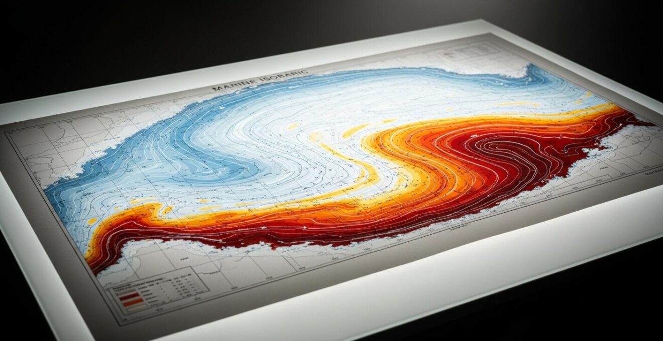 Image conceptuelle d'une carte isobarique marine avec annotations simplifiées et zones de haute et basse pression.