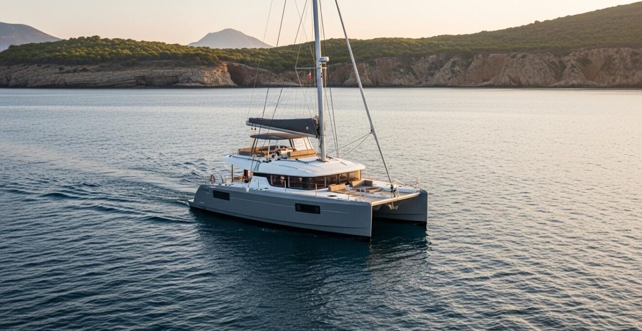 Photographie réaliste d'un catamaran naviguant près de la côte au coucher du soleil