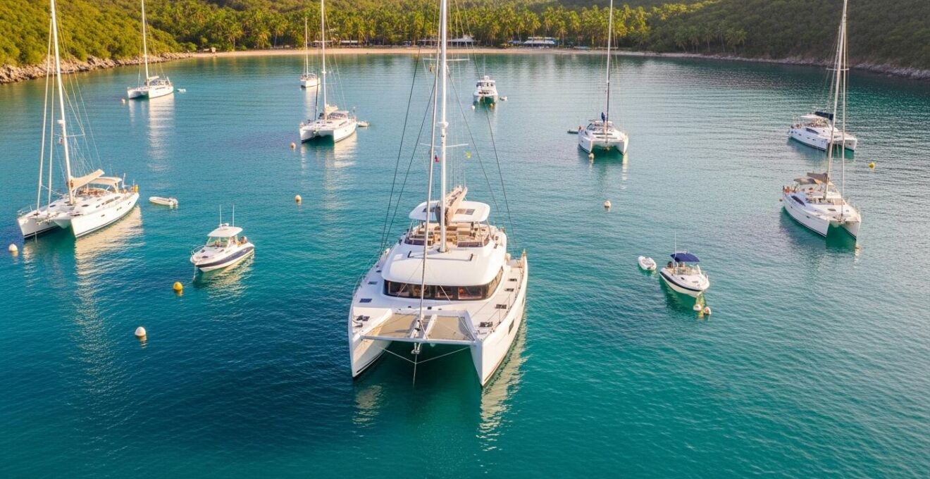 Vue plongeante d’un catamaran amarré dans une baie paisible avec plusieurs autres bateaux respectant les distances