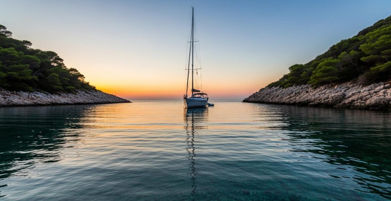 Voilier au mouillage secret dans une crique isolée au coucher du soleil
