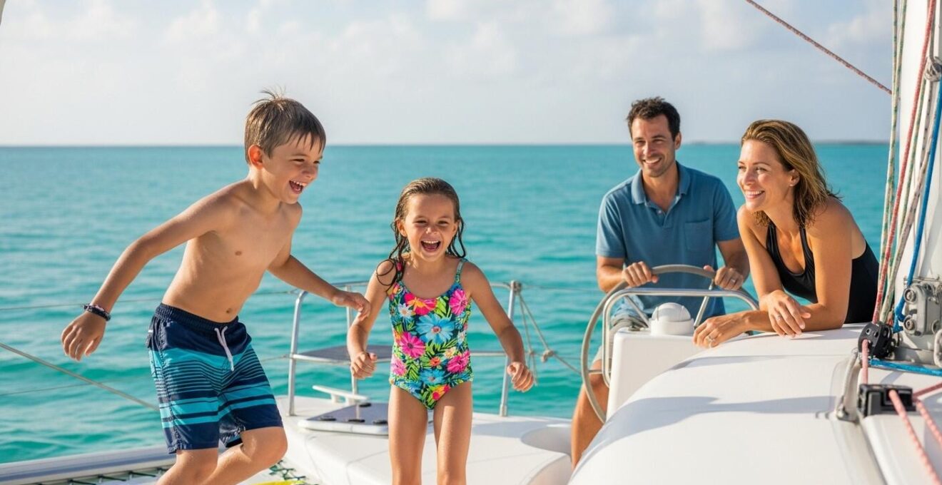 Photographie réaliste d'une famille heureuse naviguant en catamaran dans les eaux turquoise des Caraïbes, avec enfants jouant sur le pont