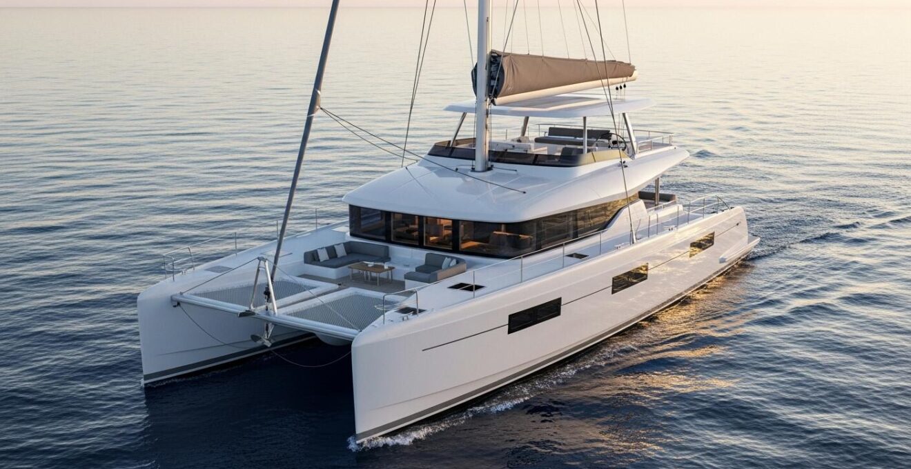 Un catamaran de luxe en mer calme au coucher du soleil avec une ambiance élégante et relaxante