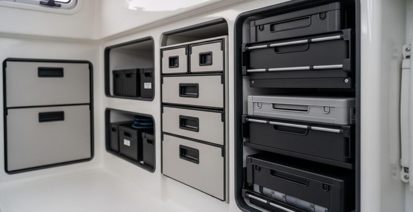 Vue intérieure d’un espace de rangement modulable bien organisé dans un catamaran moderne