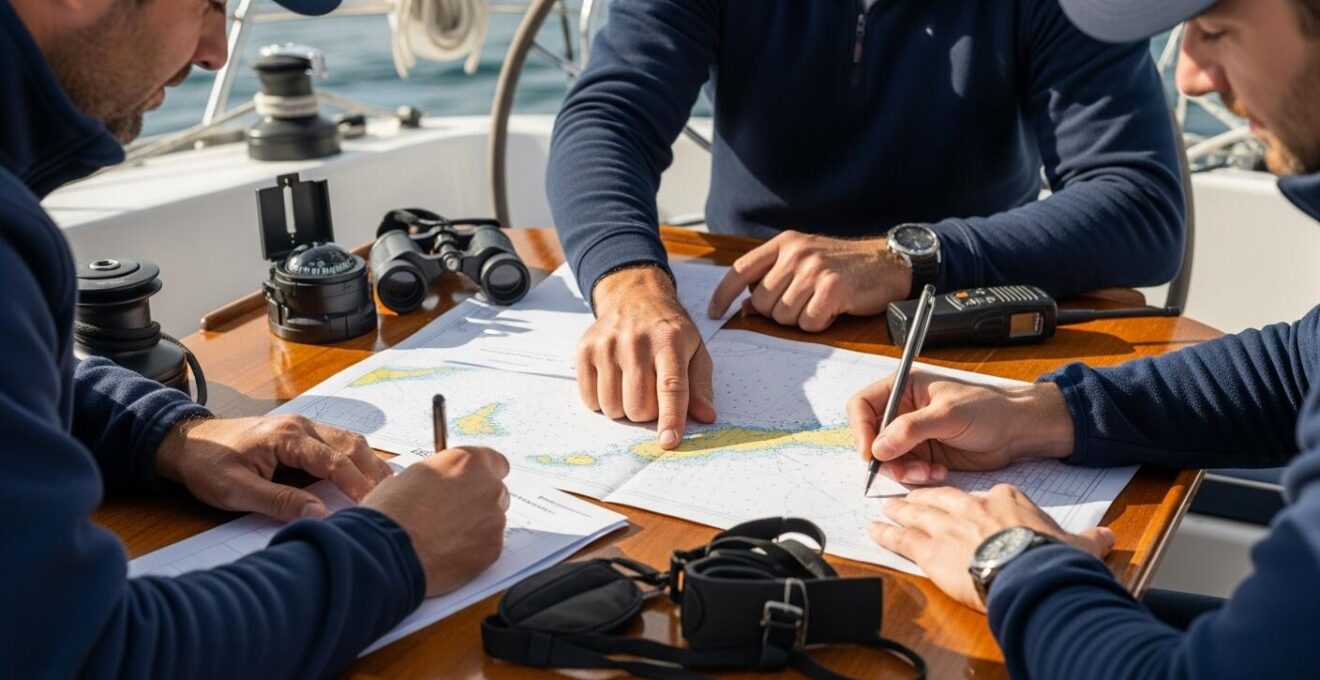 Planning de quarts de navigation sur un pont de voilier avec équipements visibles