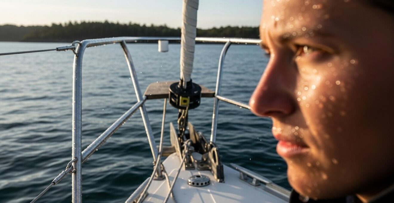 Vue en gros plan d’un navigateur analysant la mer depuis un bateau, avec les reflets turquoise d’une crique en arrière-plan