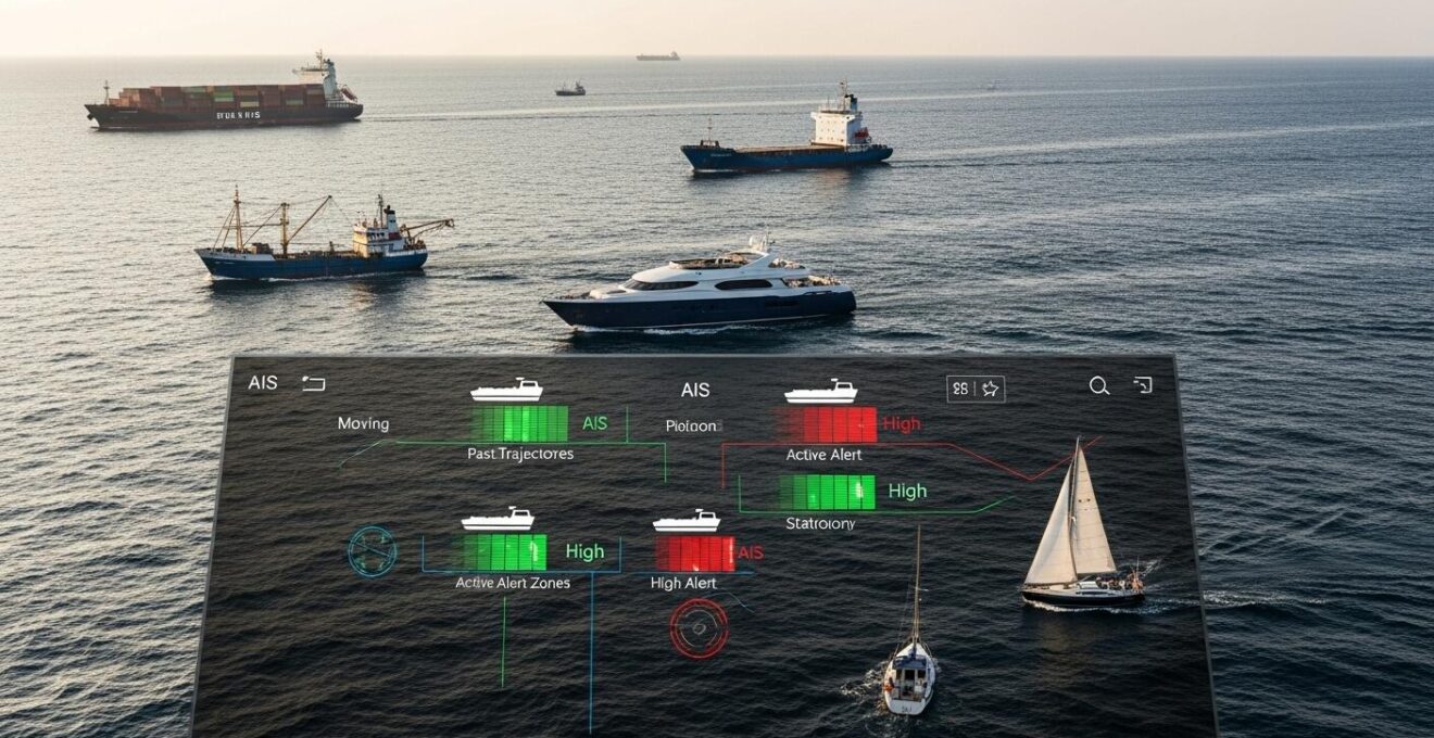 Vue panoramique en mer avec plusieurs navires connectés sur un réseau AIS, représentés par des icônes lumineuses et des trajectoires sur un écran de navigation
