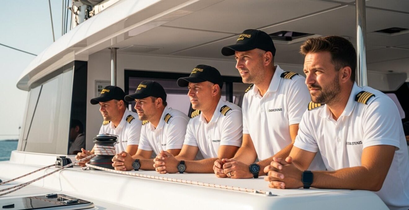 Portrait close-up d’un capitaine et de membres d’équipage en tenue professionnelle sur un catamaran