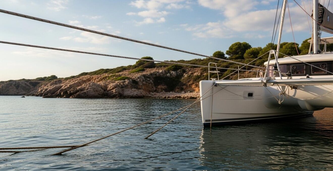 Photographie documentaire montrant un catamaran avec amarres longues fixées à terre lors d’un mouillage en embossage