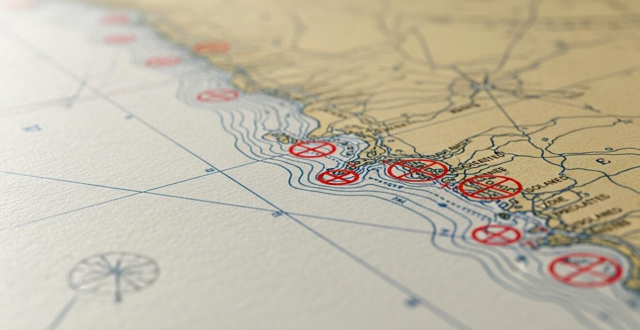 Carte marine annotée avec repères et zones de mouillage peu fréquentées