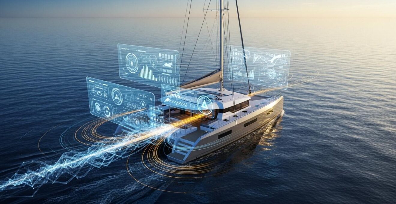 Photographie réaliste d'un catamaran moderne en mer avec technologies visibles intégrées