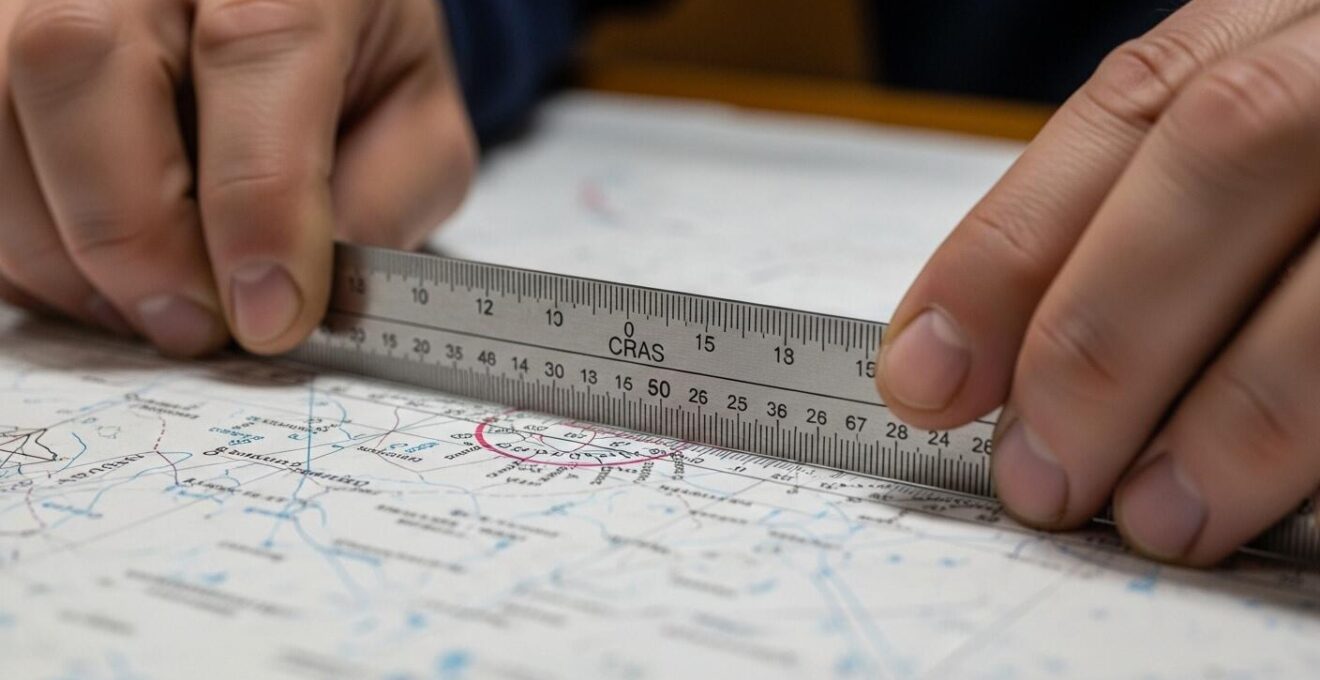 Gros plan détaillé sur une main utilisant une règle Cras et une carte marine pour tracer une route