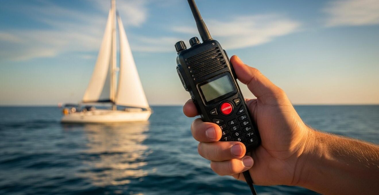 Un bateau équipé d'une radio VHF ASN en communication en mer avec un ciel dégagé et lumière naturelle