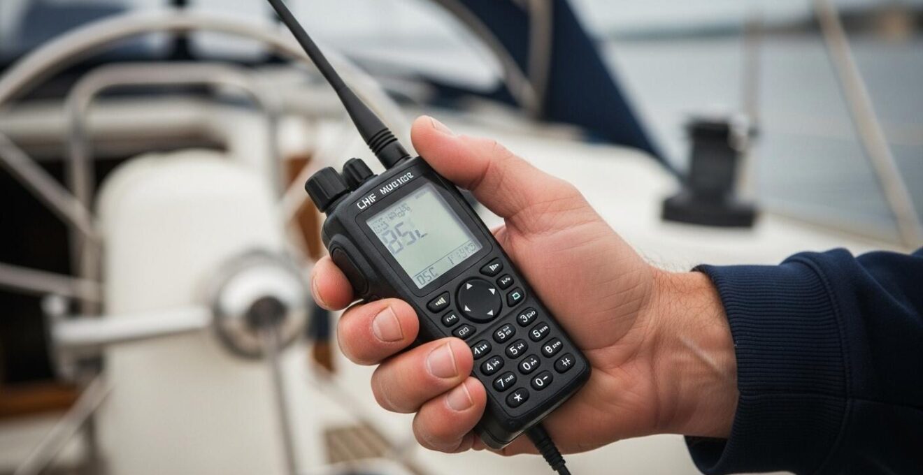 Prise de vue intime dans un cockpit de bateau montrant un marin utilisant une radio VHF avec fonction ASN dans un contexte de communication en mer