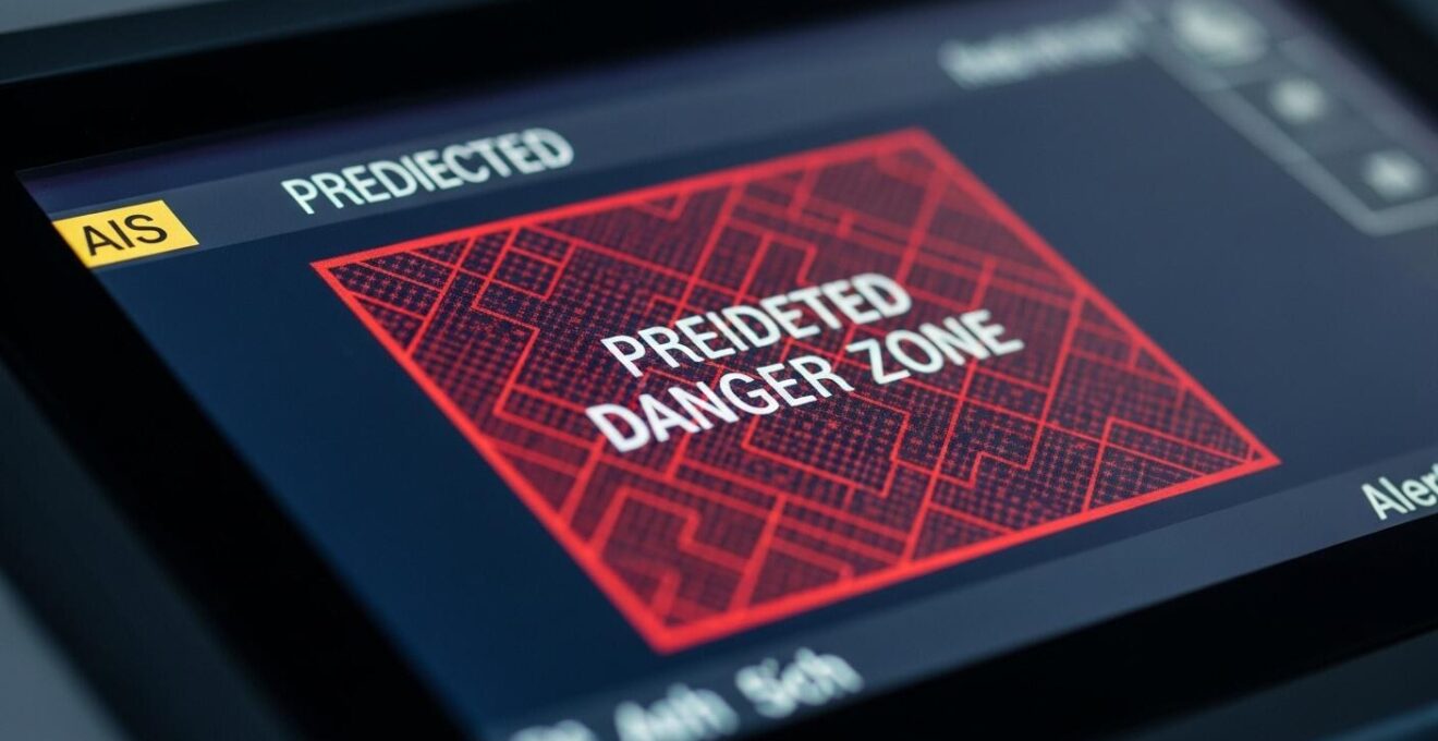 Capture détaillée d'écran de traceur de carte AIS montrant les zones de danger prédites en rouge sur la trajectoire d'un navire croisant un autre bateau