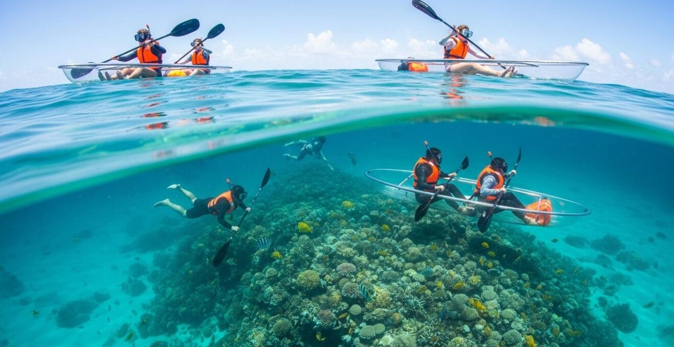 Personnes pratiquant le kayak transparent et le snorkeling dans un lagon turquoise avec faune marine visible sous l'eau