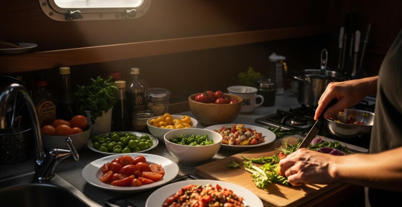 Cuisine et préparation de repas variés et colorés sur un bateau en mer