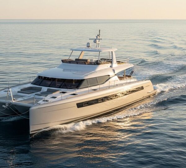 Vue panoramique d'un catamaran moderne en mer avec ses deux coques fines et sa silhouette élégante reflétant la vitesse et le confort