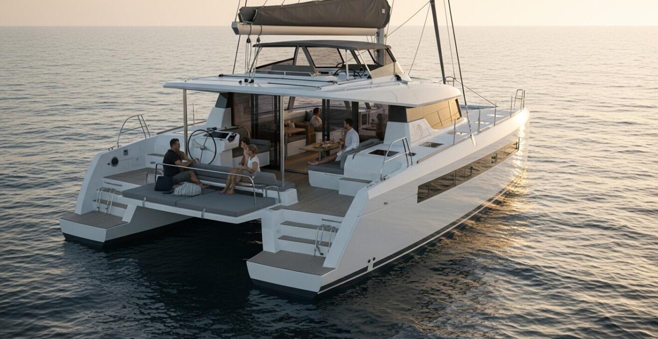 Un catamaran de croisière moderne ancré en mer calme au coucher du soleil, avec un équipage profitant harmonieusement des espaces intérieurs et extérieurs