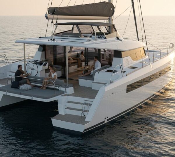 Un catamaran de croisière moderne ancré en mer calme au coucher du soleil, avec un équipage profitant harmonieusement des espaces intérieurs et extérieurs