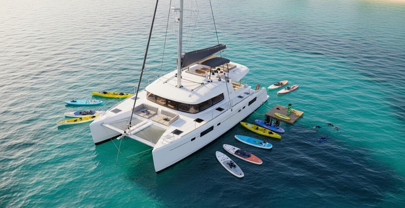 Catamaran vu de dessus avec kayak, paddle et équipement de plongée sur l'eau claire près d'une côte bénie par la lumière du soleil