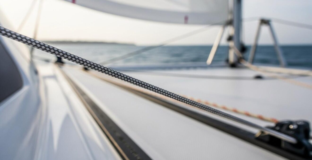 Cordage Dyneema extrêmement résistant et léger sur un catamaran en navigation, illustrant la légèreté et la solidité du matériau
