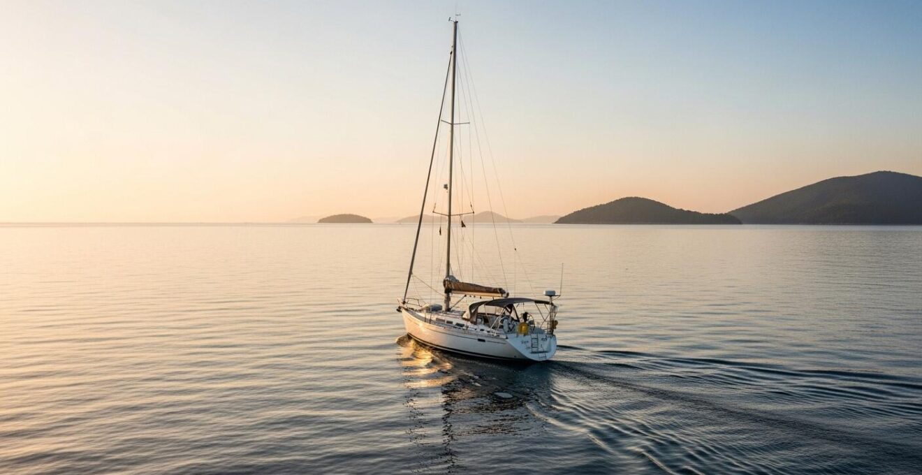 Voilier naviguant dans un paysage marin unique au lever du soleil avec des couleurs chaudes reflétant la personnalisation du voyage