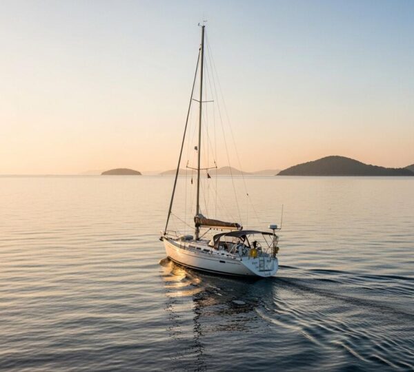 Voilier naviguant dans un paysage marin unique au lever du soleil avec des couleurs chaudes reflétant la personnalisation du voyage