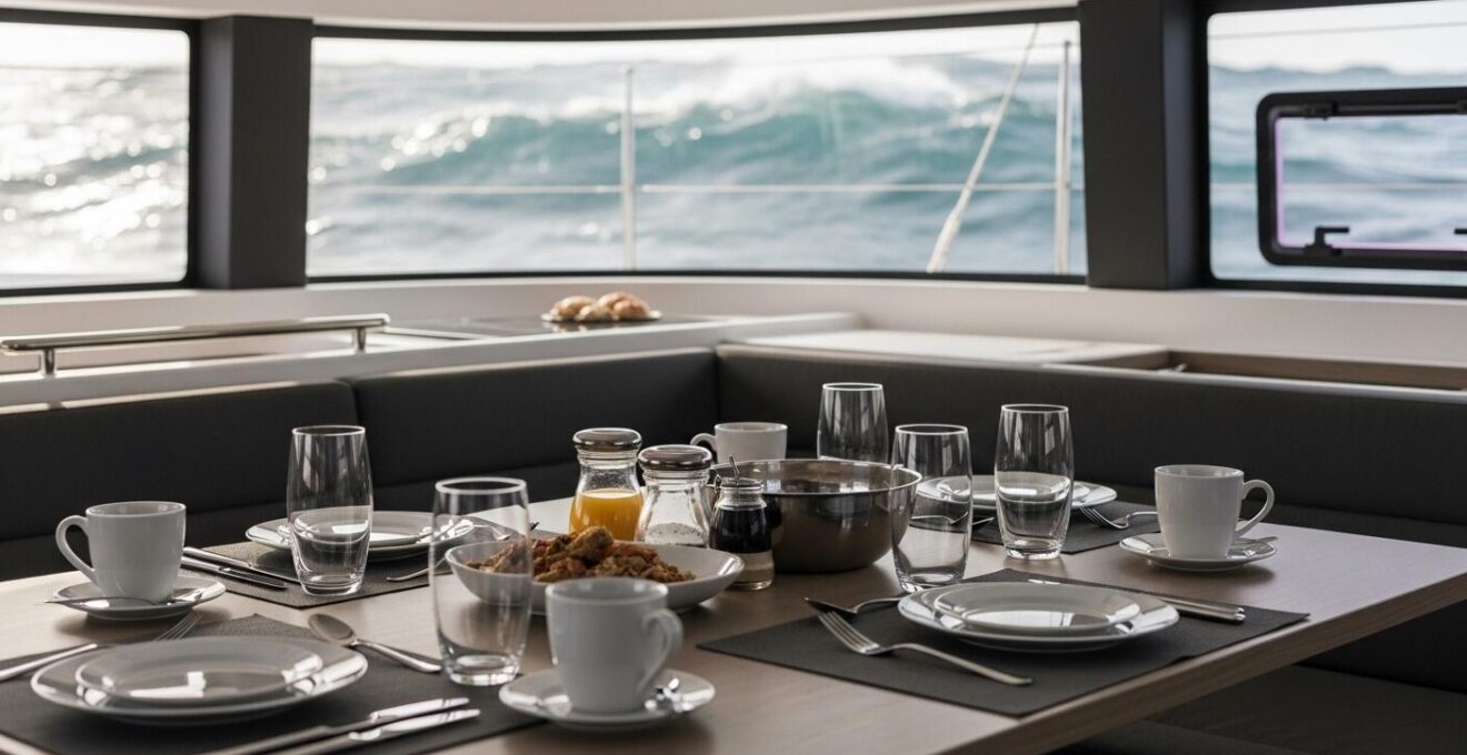 Une cuisine moderne et spacieuse à bord d'un catamaran, avec des verres et des assiettes posés sans tomber malgré la mer agitée.