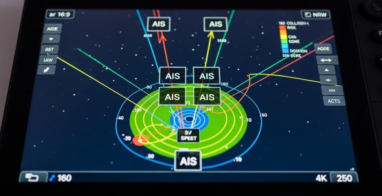 Affichage d’un écran de navigation montrant des trajectoires AIS avec vecteurs de vitesse et zones de risques de collision